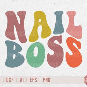 May include: A colorful retro-style design with the text "NAIL BOSS" in a variety of colors, including red, yellow, blue, green, and pink.