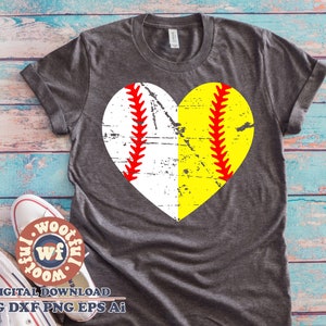 Split Baseball and Softball Heart svg, Grunge svg, Softball Fan svg, Baseball Fan svg, Distressed svg, Svg Dxf Eps Ai Png Silhouette Cricut