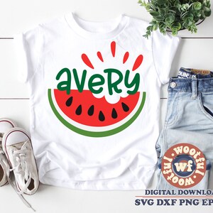 May include: White t-shirt with a watermelon graphic and the name "Avery" in green letters.