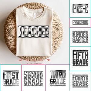 May include: A set of 10 digital cut files for crafting projects. The files feature the words "Teacher", "Pre-K", "Preschool", "Kindergarten", "First Grade", "Second Grade", "Third Grade", "Fourth Grade", and "Fifth Grade" in a black and white checkered pattern.