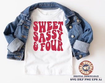 May include: A white t-shirt with a red graphic that says "Sweet Sassy & Four" in a retro font style. The shirt is displayed on a denim jacket.