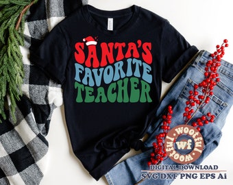 Santa's Favorite Teacher svg, Merry Christmas svg, Winter svg, Holiday svg, Wavy Stacked svg, Svg Dxf Eps Ai Png Silhouette Cricut