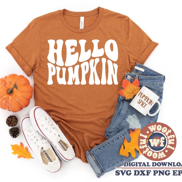 Hello Pumpkin svg, Fall svg, Autumn svg, Thanksgiving svg, Retro svg, Wavy Stacked svg, Boho svg, Svg Dxf Eps Ai Png Silhouette Cricut