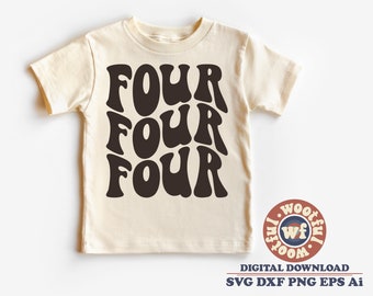 May include: A beige t-shirt with a black graphic design that says "FOUR FOUR FOUR" in a retro, wavy font.