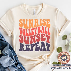 Amanecer Voleibol Atardecer Repetir svg, Voleibol Fan svg, Voleibol mamá svg, Letras onduladas svg, Svg Dxf Eps Ai Png Silueta Cricut