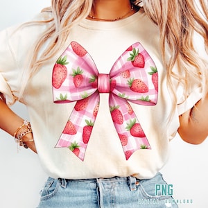 Coquette Strawberry Bow Png, Cute Strawberry Ribbon PNG, Girly Bow Aesthetic, Trendy Coquette, Soft Girl Ribbons, Pink Bow Shirt Design Png