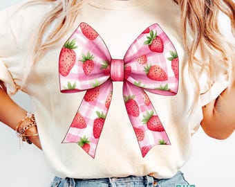 Coquette Strawberry Bow Png, Cute Strawberry Ribbon PNG, Girly Bow Aesthetic, Trendy Coquette, Soft Girl Ribbons, Pink Bow Shirt Design Png