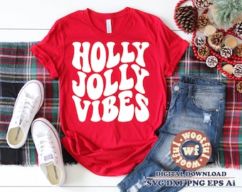 Holly Jolly Vibes svg, Merry and Bright svg, Wavy Stacked svg, Merry Christmas svg, Winter, Holiday, Svg Dxf Eps Ai Png Silhouette Cricut