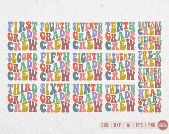 All Grades Crew Bundle svg, Back to School Bundle svg, Wavy Letters svg, Educator svg, Teacher svg, Svg Dxf Eps Ai Png Silhouette Cricut