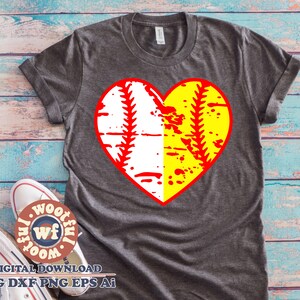Split Baseball and Softball Heart svg, Grunge svg, Softball Fan svg, Baseball Fan svg, Distressed svg, Svg Dxf Eps Ai Png Silhouette Cricut