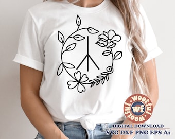May include: A white t-shirt with a black peace sign surrounded by a floral wreath. The design is simple and minimalist, perfect for a casual look.