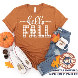 Hello Fall svg, Fall svg, Autumn svg, Buffalo Plaid svg, Thanksgiving svg, Thankful svg, Harvest svg, Svg Dxf Eps Ai Png Silhouette Cricut