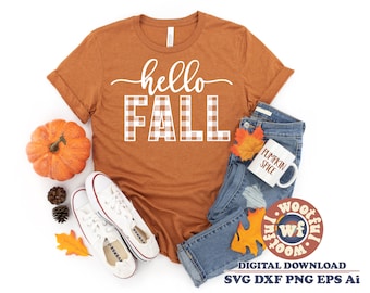 Hello Fall svg, Fall svg, Autumn svg, Buffalo Plaid svg, Thanksgiving svg, Thankful svg, Harvest svg, Svg Dxf Eps Ai Png Silhouette Cricut