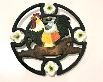 Vintage Iron Rooster and Flower Trivel