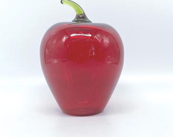 7 Inch Hand Blown Artisan Glass Large Red Apple Art Glass with Green Stem