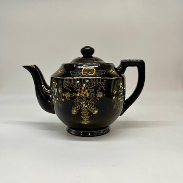 Vintage Gold Trimmed Hand Painted Black Teapot