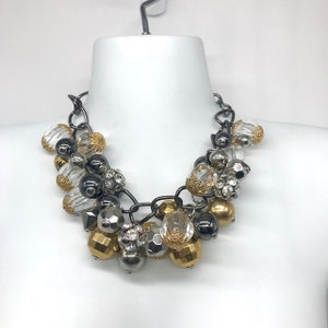High Fashion Costume Jewelry Black and Gold Metal and Crystal Chunky Necklace