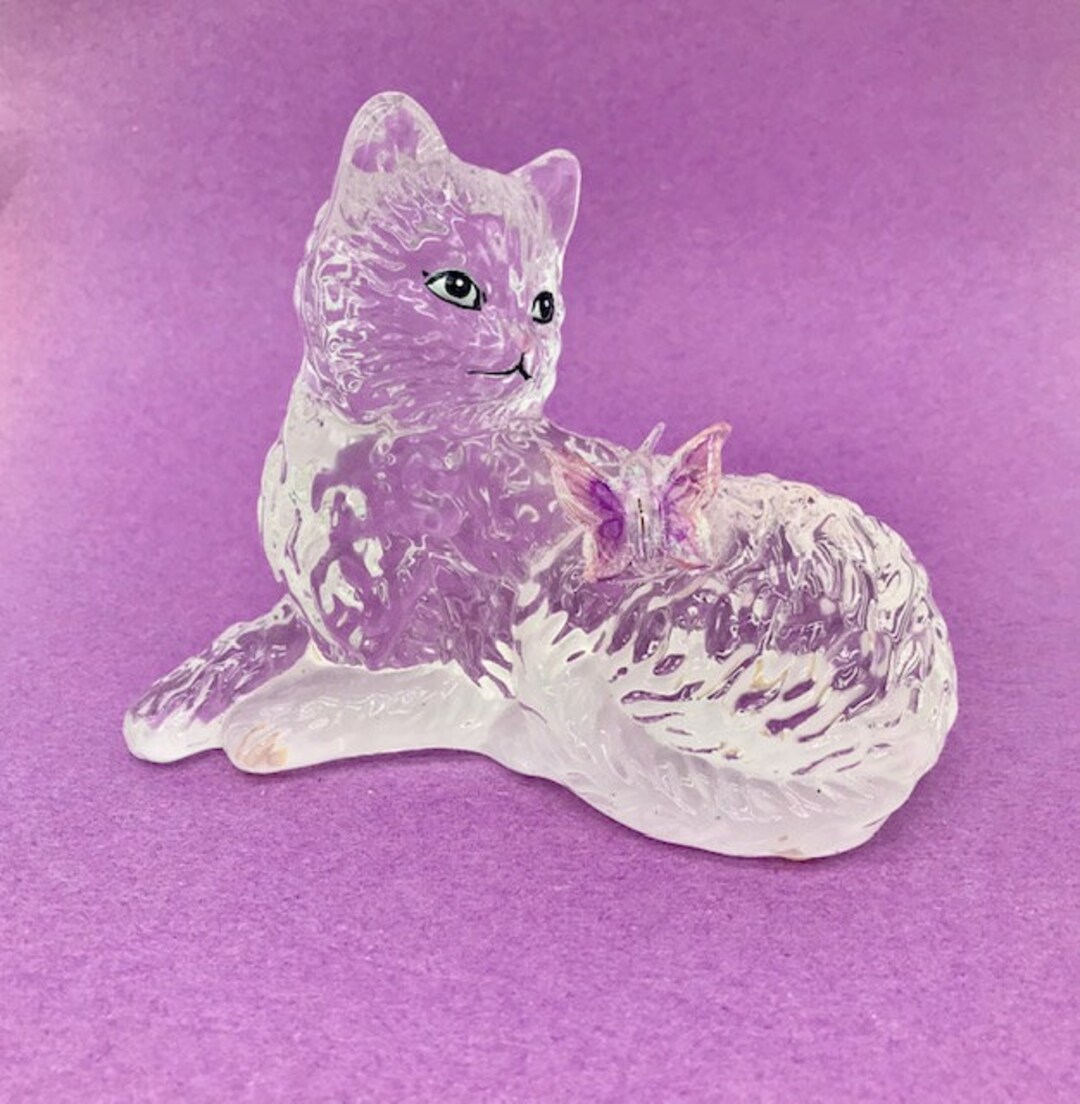 Vintage Clear Glass Cat Figurine With Butterfly by the Bradford