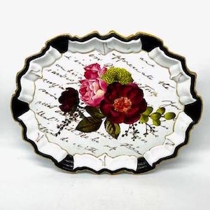 Vintage Floral and Script White Metal Scalloped Trim Footed Tray
