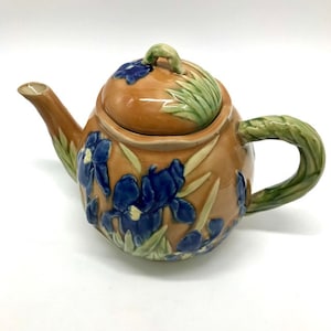 Vintage Large Glazed Ceramic Teapot with Iris Garden Motif