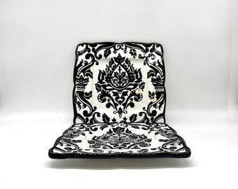 Vintage Glazed Ceramic Black and White Square Plates - 2 Piece Set