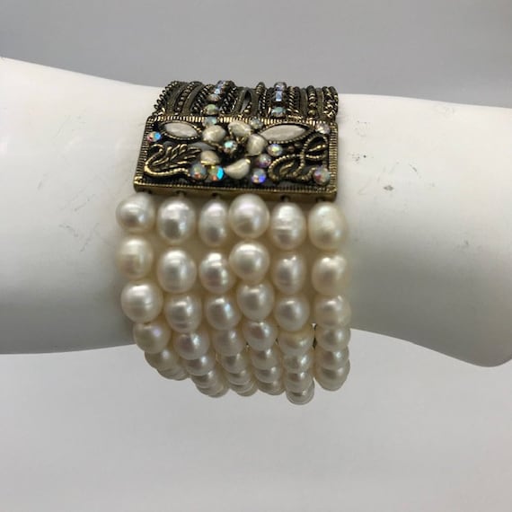 Exquisite Real Pearl and Rhinestone Chain Bracelet - image 1