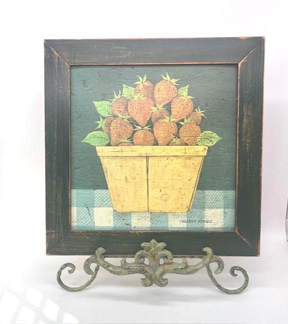 Rustic Framed Warren Kimble Basket of Strawberries Collectible Art