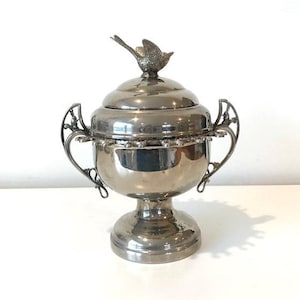 Antique Silver Plated Sugar Bowl with Bird on Lid and 12 Spoon Holders