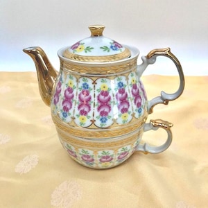 Vintage Gold Trimmed Fine Porcelain Stacking Teapot and Tea Cup Set
