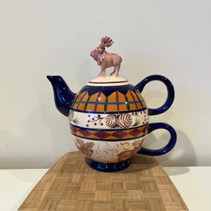 Vintage Danna Cullen Moose Glazed One Cup Teapot - 1980s