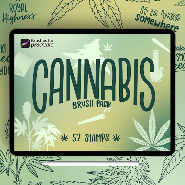 50+ pinceaux de tampons de cannabis Procreate | timbres contre les mauvaises herbes | Paquet de 420 pinceaux | Feuille de marijuana et citations pour votre iPad