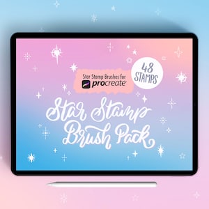 May include: A digital tablet screen displaying a graphic design for a Procreate brush pack. The design features a pink and blue gradient background with white stars and the text "Star Stamp Brush Pack" in a white cursive font. The text "48 Stamps" is in a white circle on the right side of the screen.