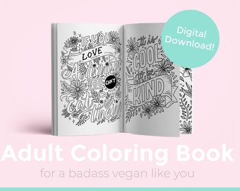 Livre de coloriage imprimable pour adultes - ambiance végétalienne, dessiné à la main, pdf imprimable, livre de dessin relaxant