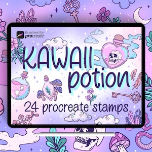 May include: A digital illustration of 24 Procreate stamps featuring a kawaii potion theme. The stamps include hearts, skulls, flowers, mushrooms, keys, and bottles. The text "Kawaii Potion" is written in a whimsical font.