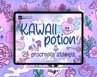 24 Procreate Kawaii Potion Stamps: Magic, Witchcraft, Gothic and Fantasy Brushes