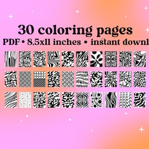 Abstract coloring pages in one printable PDF, instant download coloring book, 8.5 x 11 inch US Letter pages, 30 monochrome coloring pages displayed together.