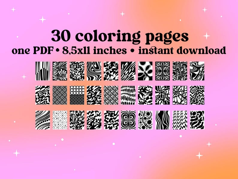 Abstract coloring pages in one printable PDF, instant download coloring book, 8.5 x 11 inch US Letter pages, 30 monochrome coloring pages displayed together.