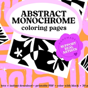 Abstract monochrome coloring pages printable PDF with colored examples, instant download, 30-page coloring book, color with black pen, handmade digital artwork supporting real artists.