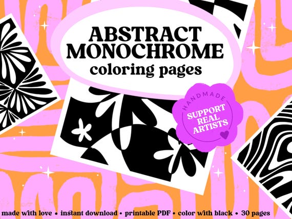 Abstract Monochrome Coloring Book Pages: 30 Printable One Color Designs, Floral Mandala, Digital Download