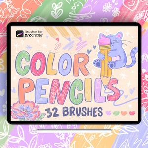 Può includere: Un'illustrazione digitale di uno schermo di tablet che mostra un set di 32 pennelli a matita colorata per l'app Procreate. Il testo "Color Pencils" è scritto in un font colorato e fantasioso. L'immagine è circondata da un bordo di scarabocchi disegnati a mano.