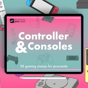 May include: A digital art illustration featuring a tablet with the text "Controller & Consoles" and various game controllers and consoles. The image includes a Nintendo Switch, Xbox controller, and a Game Boy Color.