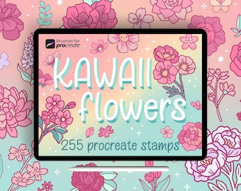 Plus de 250 pinceaux de tampons de fleurs kawaii Procreate | mignons timbres de griffonnage floral | pack de pinceaux créateur kawaii | pinceau design autocollant rétro | botanique
