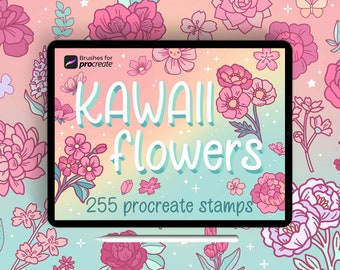 Könnte beinhalten: Eine digitale Illustration eines Tablet-Bildschirms mit dem Text "KAWAII FLOWERS 255 procreate stamps". Der Hintergrund des Bildes ist ein pastellfarbenes rosa und blaues Muster mit verschiedenen Blumen, Schmetterlingen und Sternen.