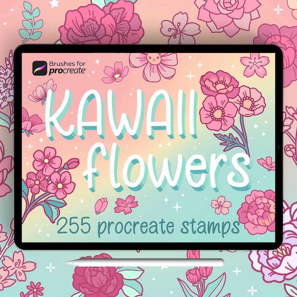 Plus de 250 pinceaux de tampons de fleurs kawaii Procreate | mignons timbres de griffonnage floral | pack de pinceaux créateur kawaii | pinceau design autocollant rétro | botanique