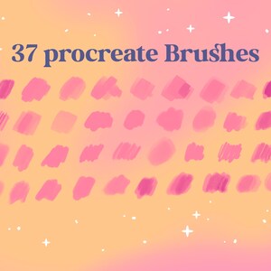 May include: A set of 37 pink and purple Procreate brushes on a gradient background of orange and pink with white stars.