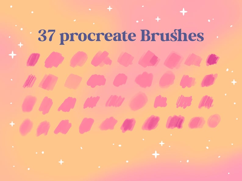 May include: A set of 37 pink and purple Procreate brushes on a gradient background of orange and pink with white stars.