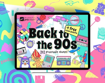 200+ Procreate 90s Stamp Brushes: Retro Nostalgia Vintage Doodle & Gaming Set, free color palette
