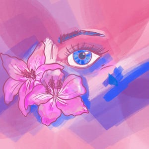May include: A close-up of a blue eye with pink and purple watercolor-like background. Two pink flowers are in the foreground.