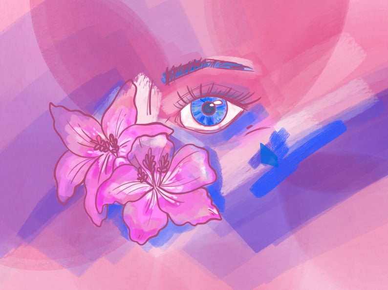 May include: A close-up of a blue eye with pink and purple watercolor-like background. Two pink flowers are in the foreground.