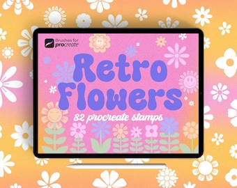80+ Procreate retro bloemenstempelborstels: 60s 70s 80s 90s bloemenkrabbelpakket